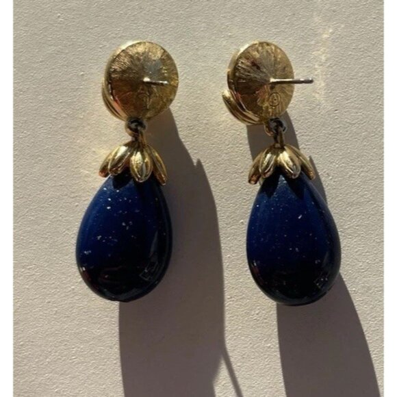Vintage Neoclassical Faux Malacite & Faux Lapis Lazuli Gold Tone Earrings Boho - Picture 8 of 11